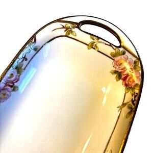 Vintage Nippon Porcelain Relish Dish Pink Cherry Blossom Flowers & Gold Trim